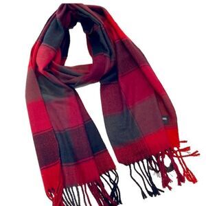 Red and green plaid hundred percent cashmere scarf made in Scotland